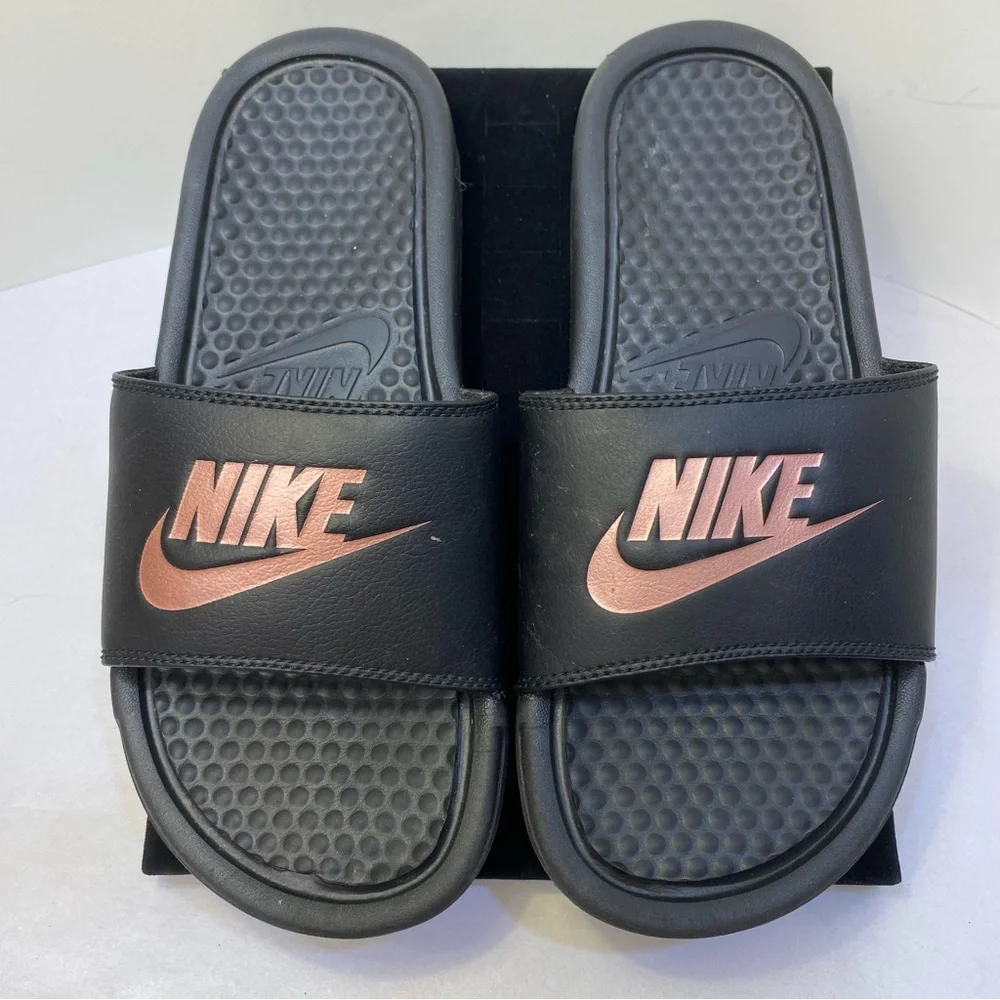 Nike Benassi JDI Slide Sandals Black Rose Gold Logo US 6 Comfort Slides